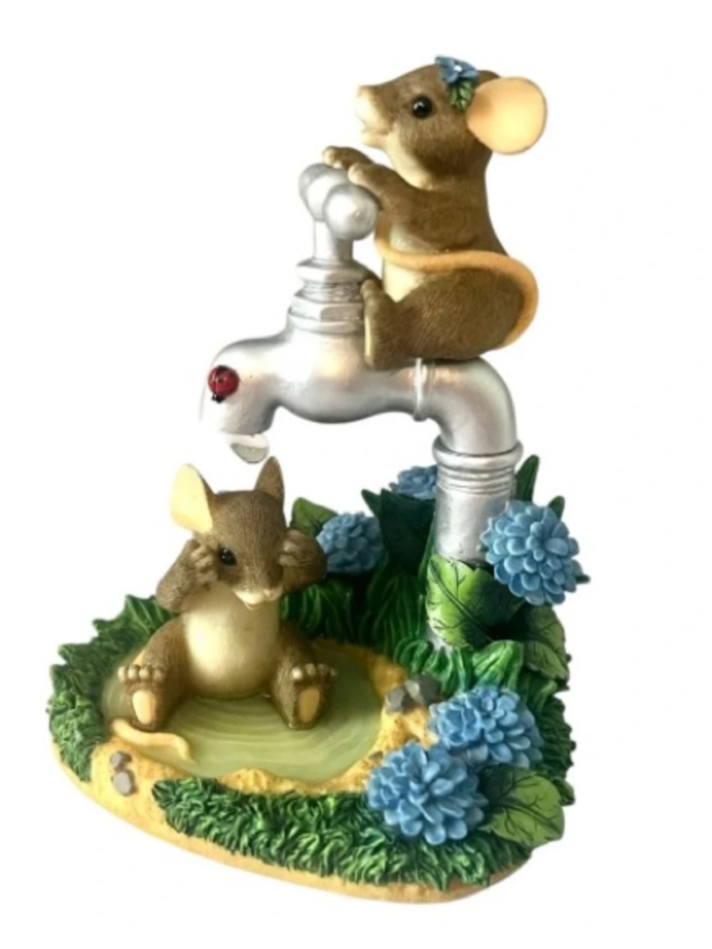 Brown Mouse Fountain Figurine with Blue Floral Accents